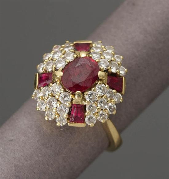 Appraisal: -Karat Yellow-Gold Ruby and Diamond Ring Centered with one oval