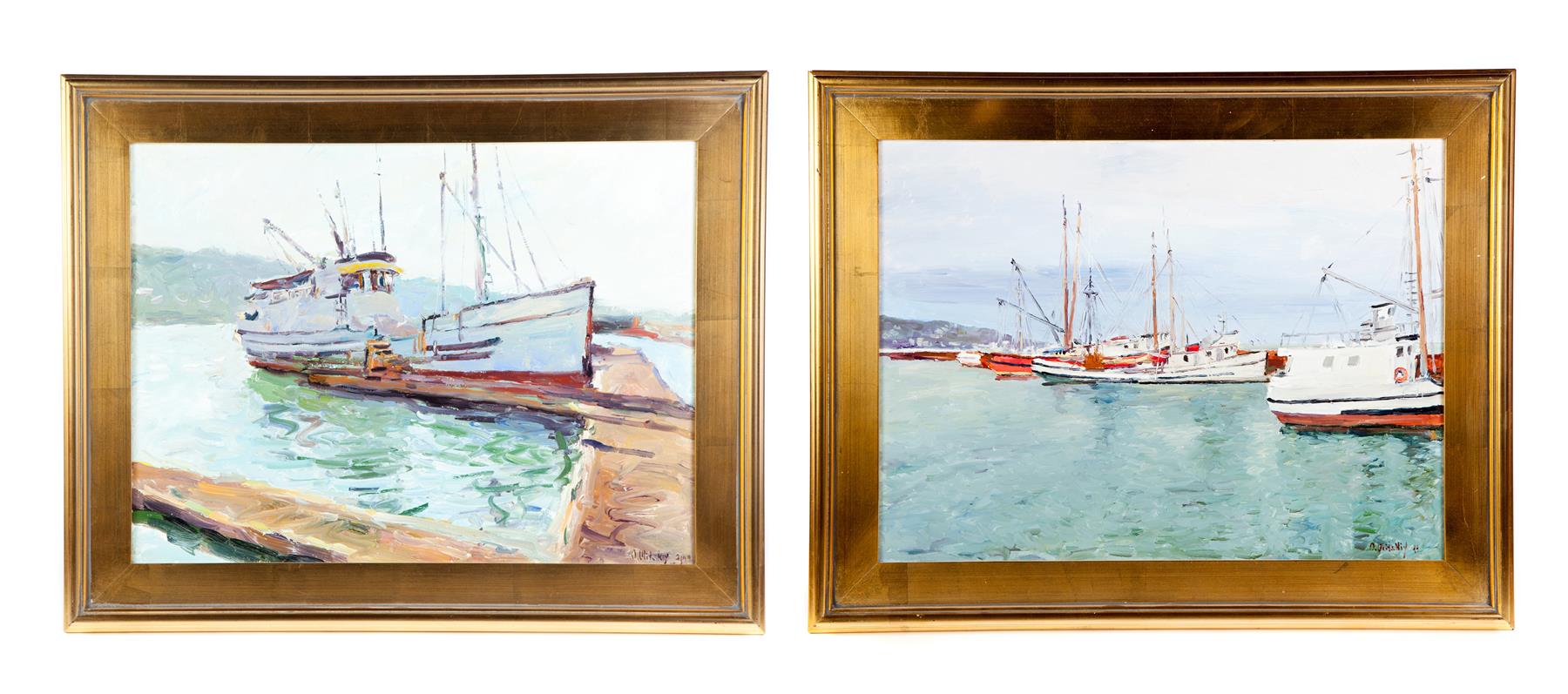 Appraisal: TWO HARBOR SCENES BY OLEG ULITSKIY WASHINGTON UKRAINE B Oil