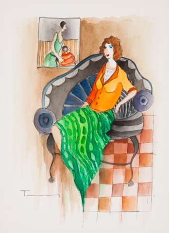 Appraisal: Itzchak Tarkay Woman in Interior watercolor Israeli - Watercolor on