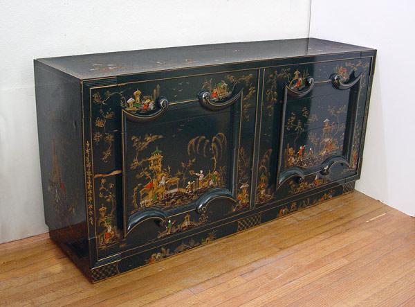 Appraisal: CHINOISERIE RICHLY DECORATED DRAWER DRESSER SIDEBOARD compartmented drawers hidden in