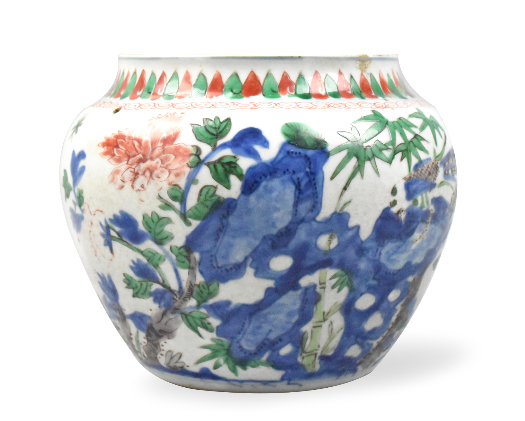 Appraisal: A Chinese wucai porridge jar with pheasant birds design dating