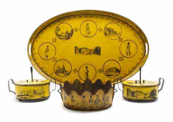 Appraisal: A Collection of Yellow Tole Table Articles comprising a cache