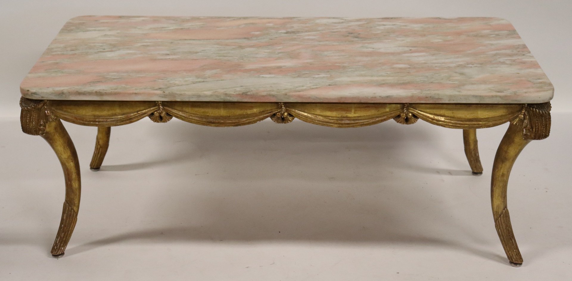 Appraisal: ANTIQUE CARVED GILTWOOD MARBLETOP COFFEE TABLE Nice decorative table From