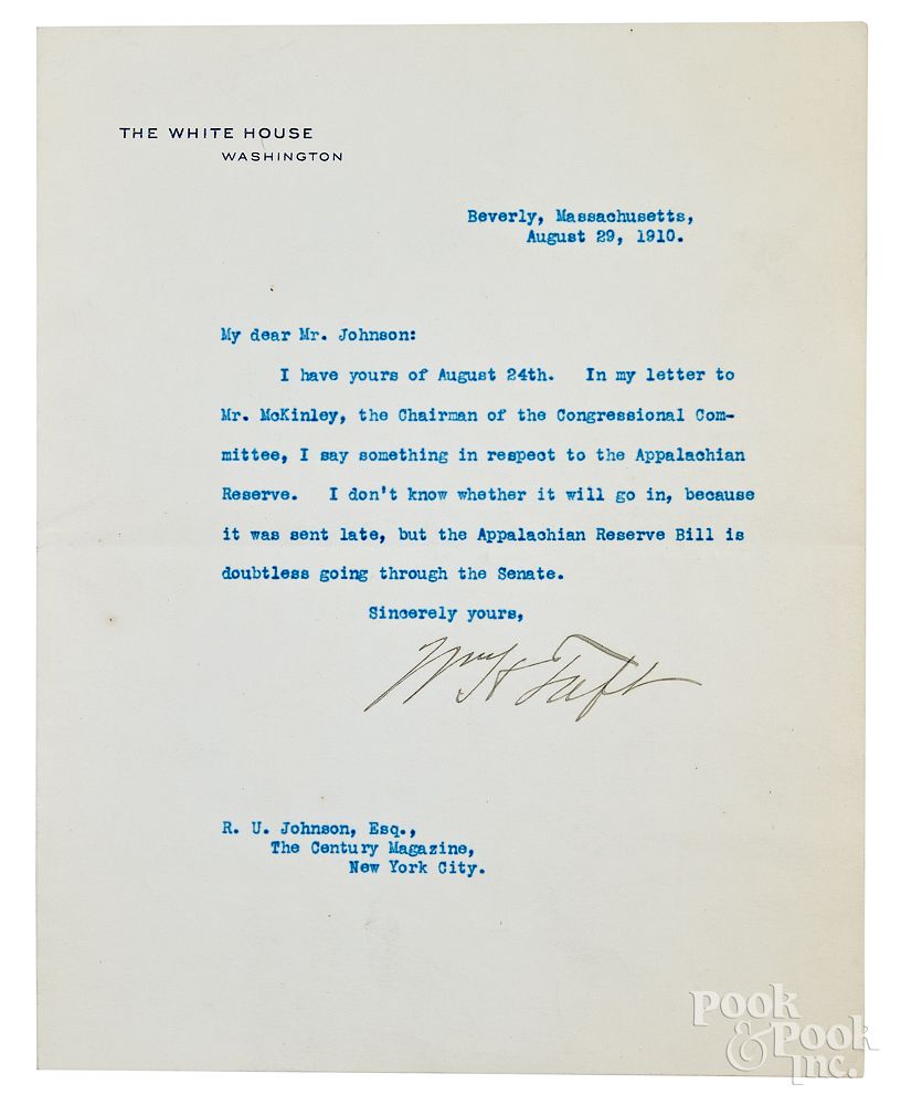 Appraisal: William Taft signed typed letter William Taft signed typed letter