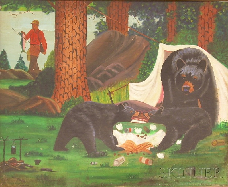 Appraisal: Framed Oil on Canvasboard Scene with Bears in a Campground