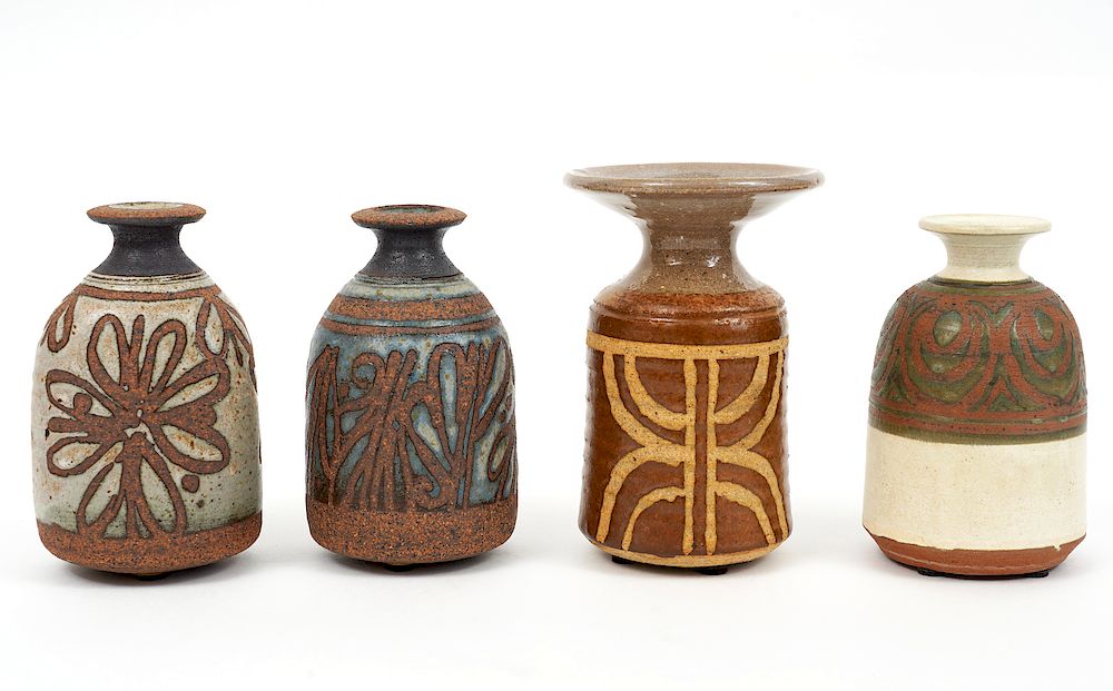 Appraisal: Four Small Pottery Vases by Canadian Artists Two small vases