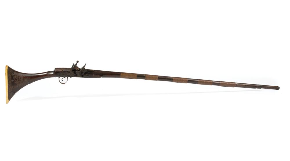 Appraisal: Middle-Eastern Jezail Flintlock Musket th c metal-inlaid full stock engraved