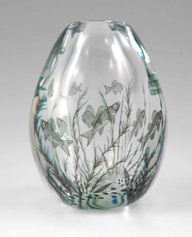 Appraisal: EDWARD HALD FOR ORREFORS FISHGRAAL ART GLASS VASE Engraved ''Orrefors