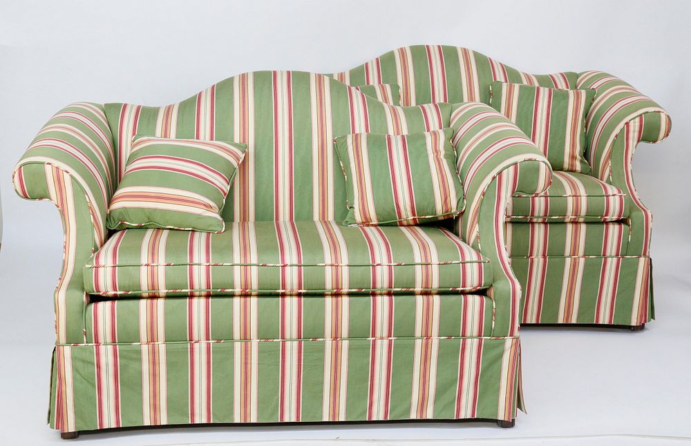 Appraisal: Pair of Candy Striped Upholstered Camelback Settees Pair of Candy