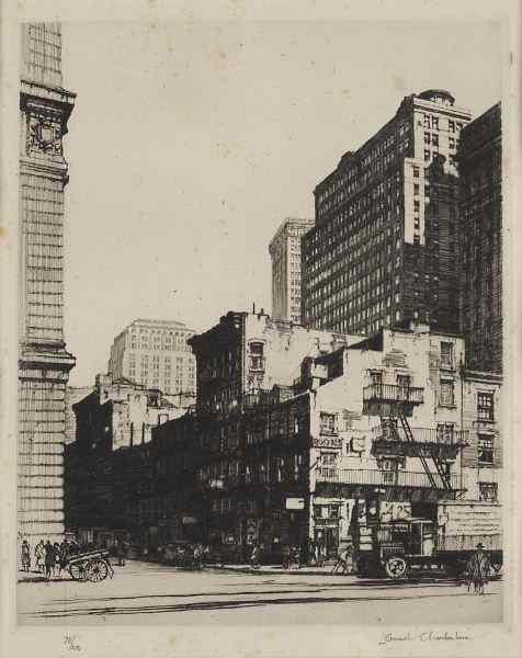 Appraisal: Drypoint by Samuel Chamberlain NY - titled ''Manhattan - Old