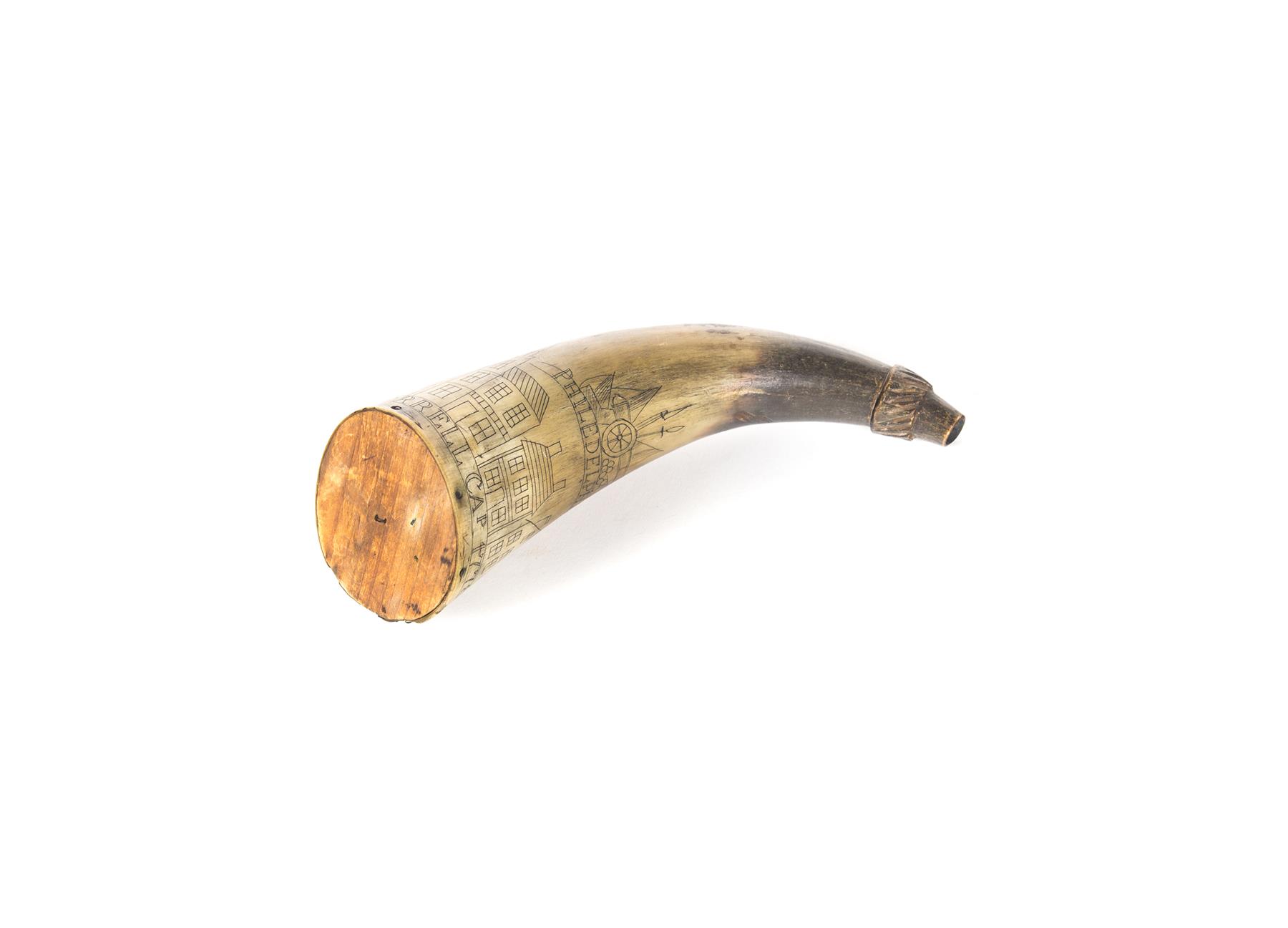 Appraisal: AMERICAN REVOLUTIONARY WAR POWDER HORN Carved horn with buildings cannon