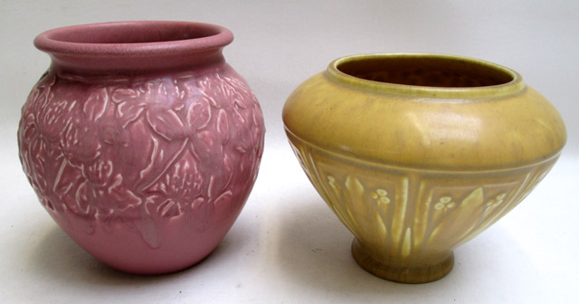 Appraisal: TWO ROOKWOOD ART POTTERY VASES shape yellow glaze with leaf