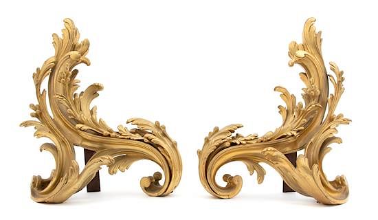 Appraisal: A Pair of Louis XV Style Gilt Bronze Scroll-form Chenets