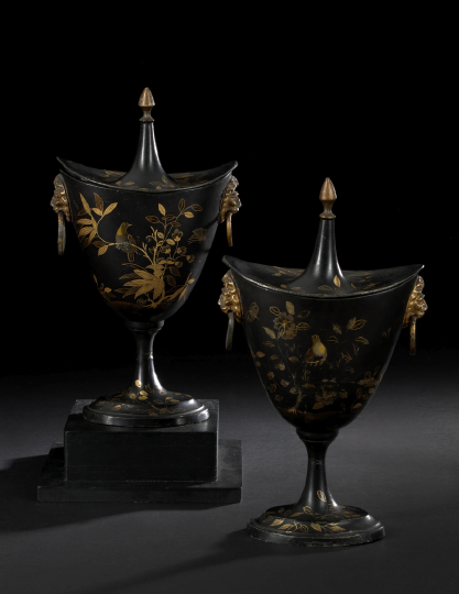 Appraisal: Pair of Georgian Painted Pewter Ringed Lion-Masque-Handled Chestnut Vases first