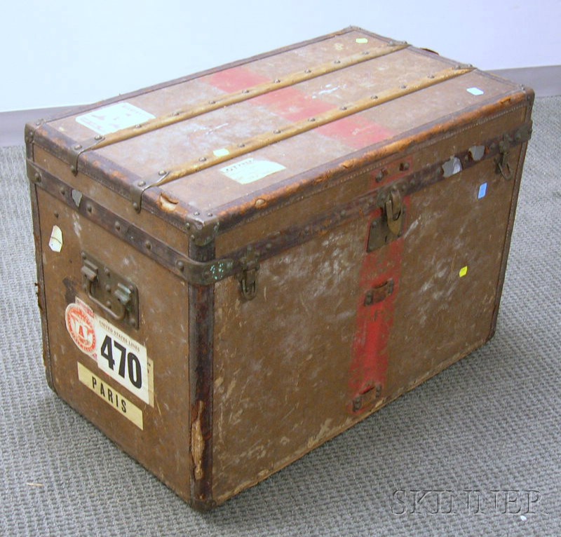 Appraisal: Small Louis Vuitton Wood Strapped and Metal-Mounted Steamer Trunk late