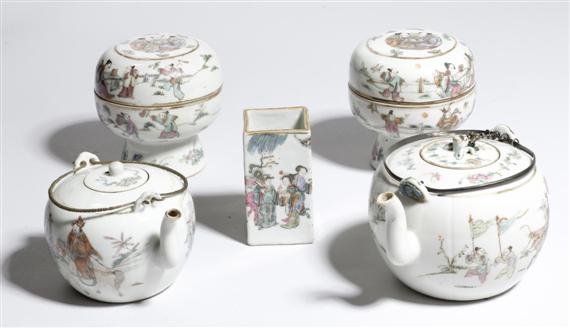 Appraisal: TWO FOOTED CUPS WITH COVER TWO TEA POTS and ONE