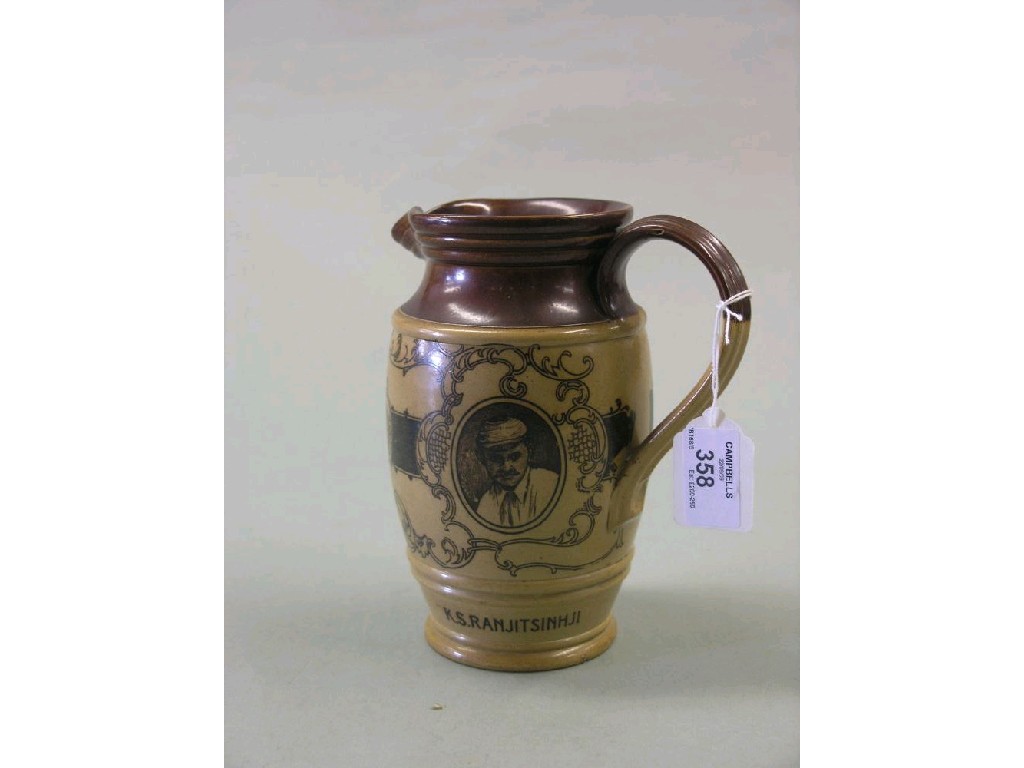 Appraisal: A Doulton Lambeth cricket jug tall barrel shape printed with