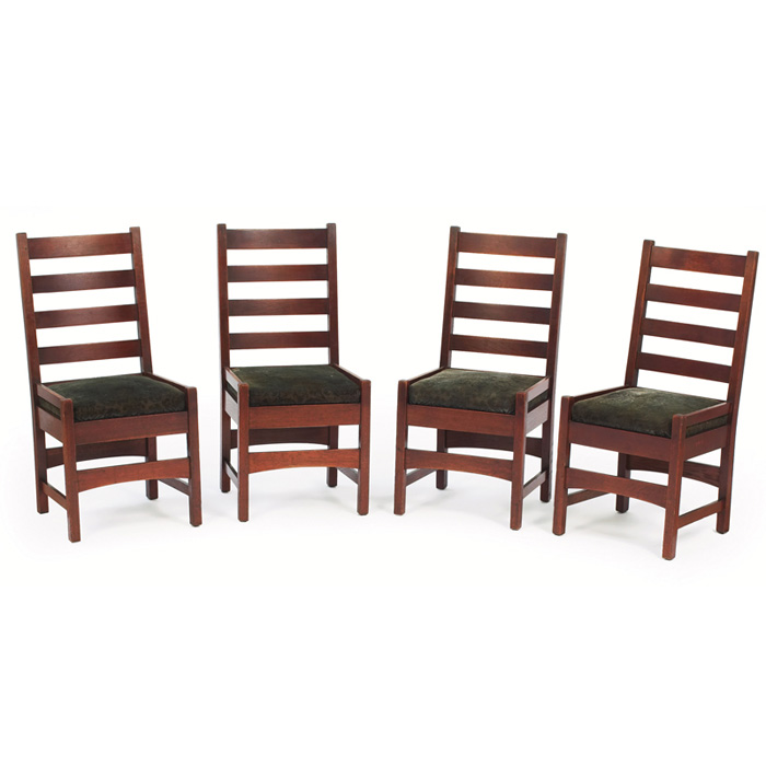 Appraisal: Unusual Gustav Stickley side chairs set of four ladder-back form