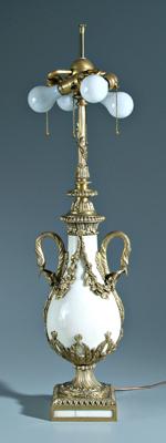 Appraisal: Bronze mounted marble lamp white marble urn mounted with stylized