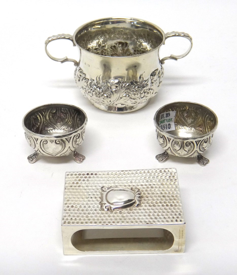 Appraisal: Silver comprising a twin handled porringer of baluster form with