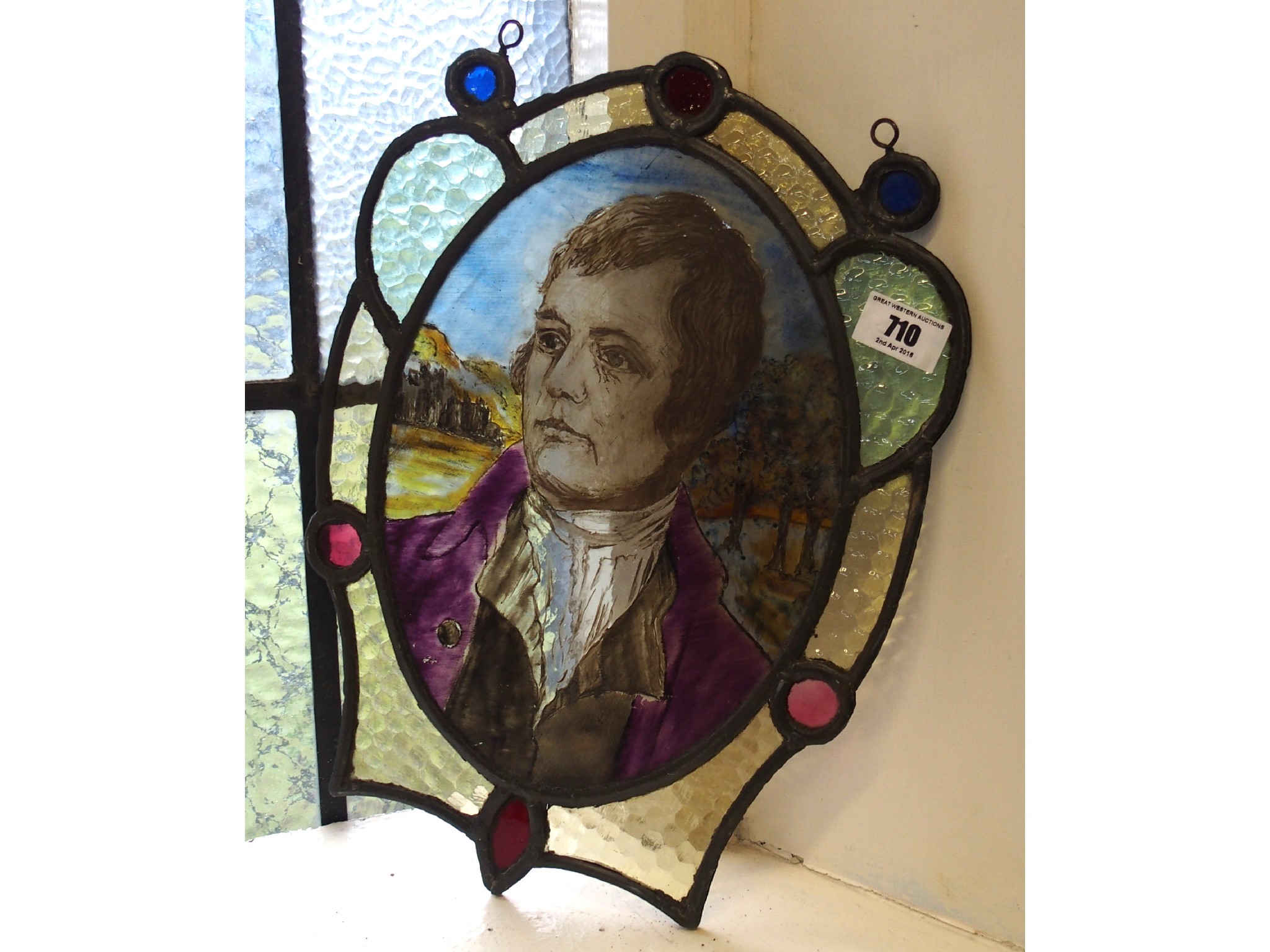 Appraisal: Stained and leaded glass panel depicting Robert Burns