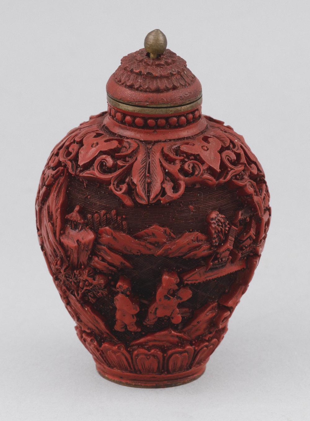 Appraisal: CHINESE CARVED CINNABAR SNUFF BOTTLE LATE TH CENTURY HEIGHT CHINESE