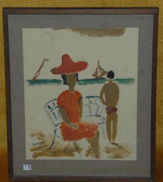 Appraisal: JACQUES POTIN B Gouche on paper Seaside Scene with Figures