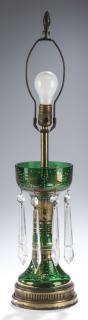 Appraisal: Victorian emerald glass lustre lamp h Victorian parcel gilt and