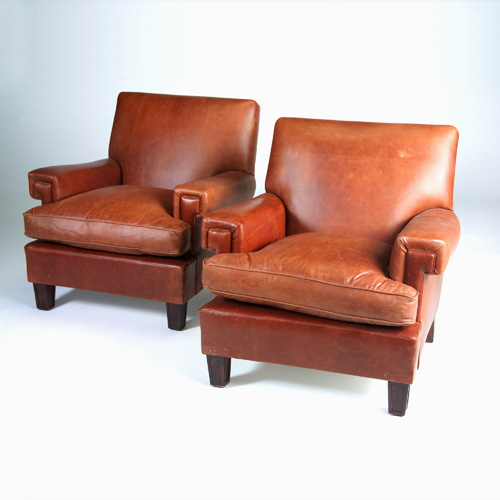 Appraisal: ART DECO Pair of square-arm club chairs reupholstered in reddish-brown