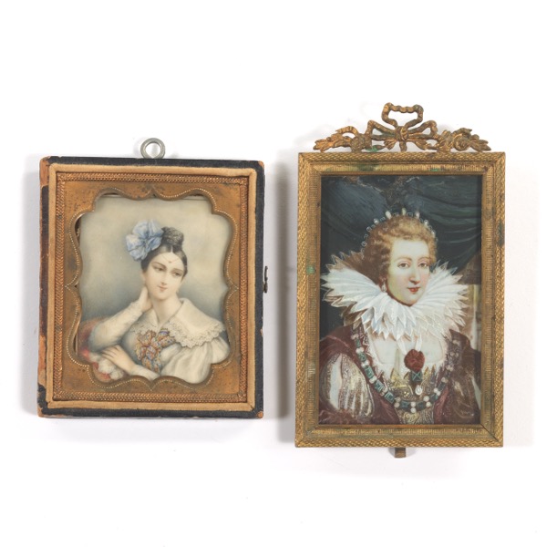 Appraisal: TWO FRAMED MINIATURE PORTRAITS CA TH CENTURY One miniature portrait