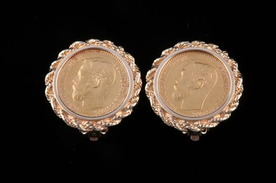 Appraisal: PAIR K YELLOW GOLD RUSSIAN COIN EARRINGS Nicholas II gold