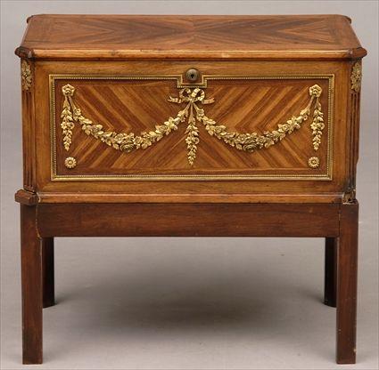 Appraisal: LOUIS XVI-STYLE GILT-METAL MOUNTED WALNUT HUMIDOR ON LATER STAND Retailed