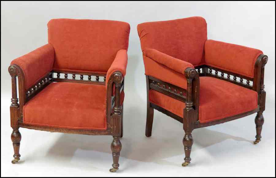 Appraisal: PAIR OF UPHOLSTERED MAHOGANY TUB CHAIRS H '' W ''