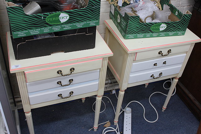 Appraisal: TWO WHITE BEDISDE PAINTED CABINETS each with three drawers and