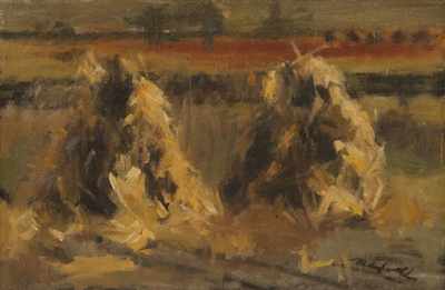 Appraisal: Robert Maxwell American b Haystacks Oil on canvas signed in