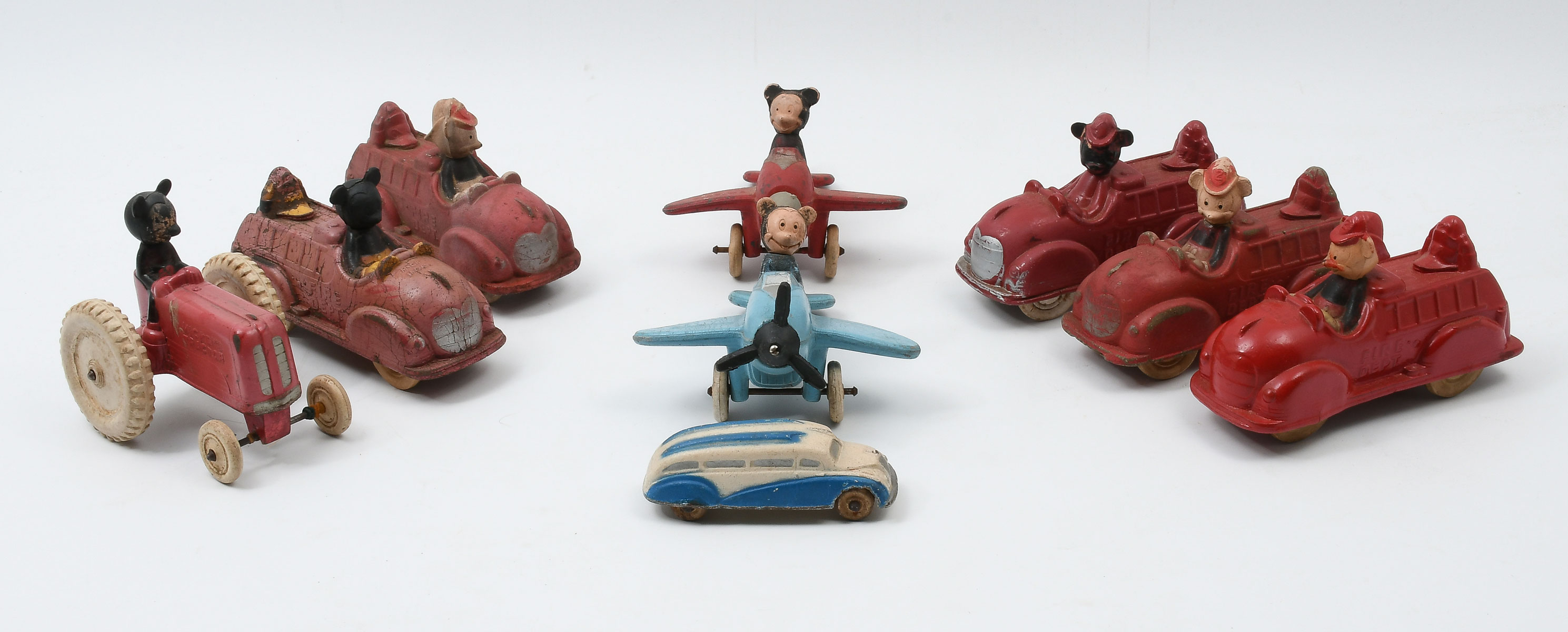 Appraisal: PC AUBURN RUBBER TOYS CARS Comprising - Mickey Mouse Fire