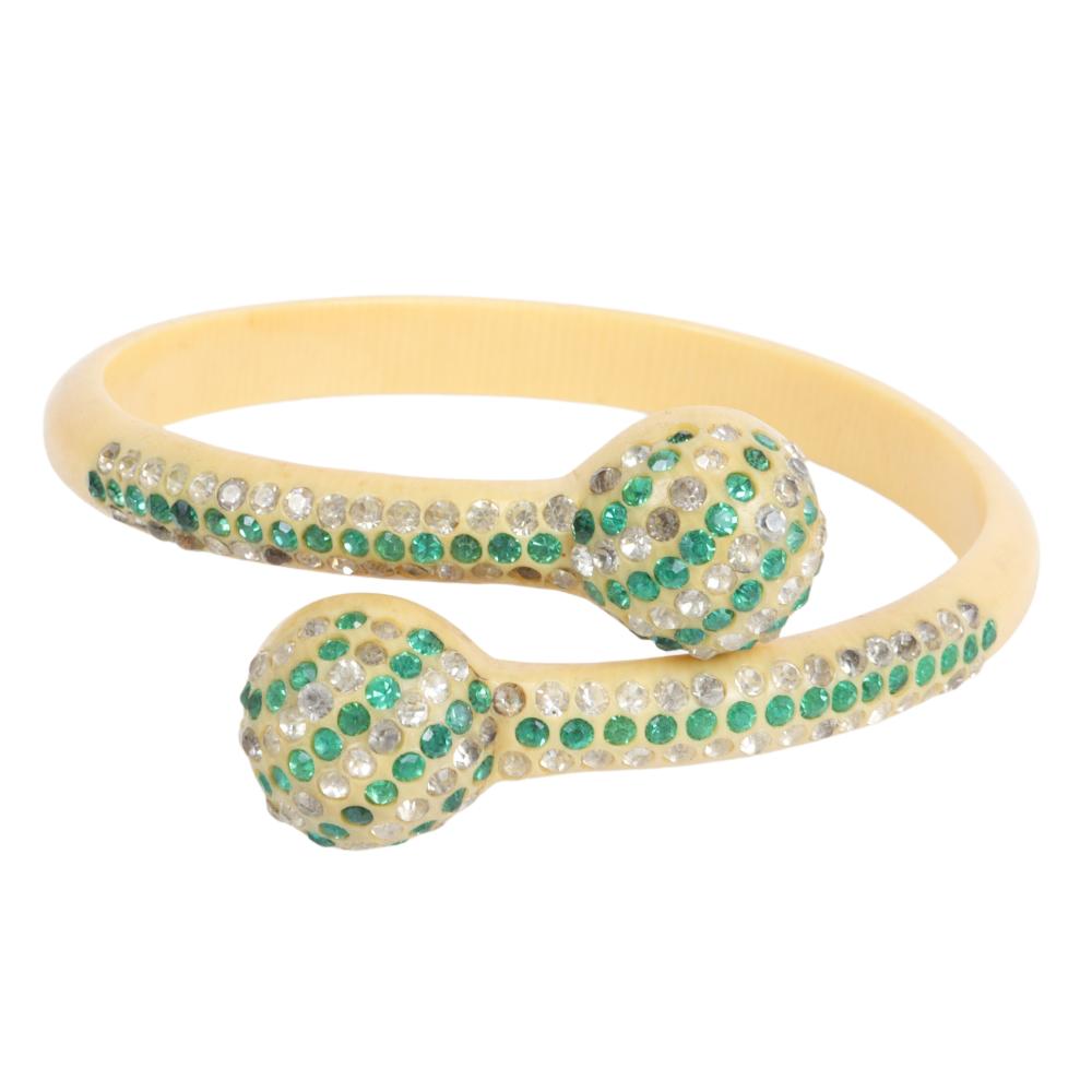 Appraisal: WHITE CELLULOID CROSSOVER SNAKE BANGLE BRACELET WITH GREEN AND WHITE