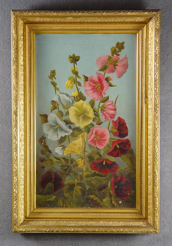 Appraisal: Floral Still Life Oil on canvas Pastel of hollyhocks No