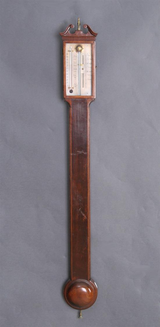 Appraisal: GEORGE III STYLE MAHOGANY STICK BAROMETER th century Brass urn