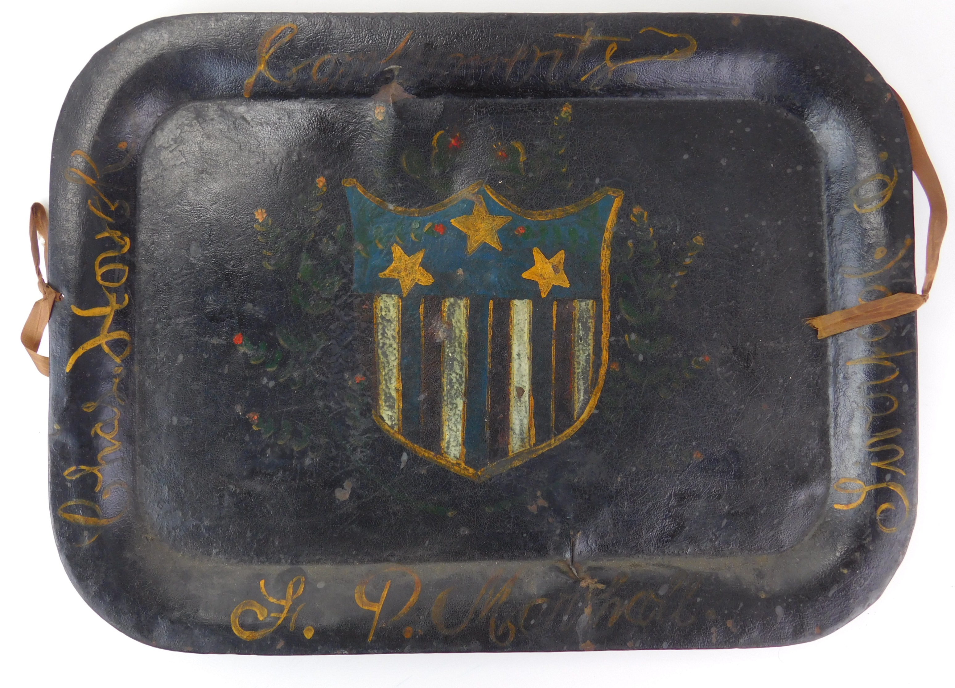 Appraisal: th c Toleware tray decorated with central shield and inscribed