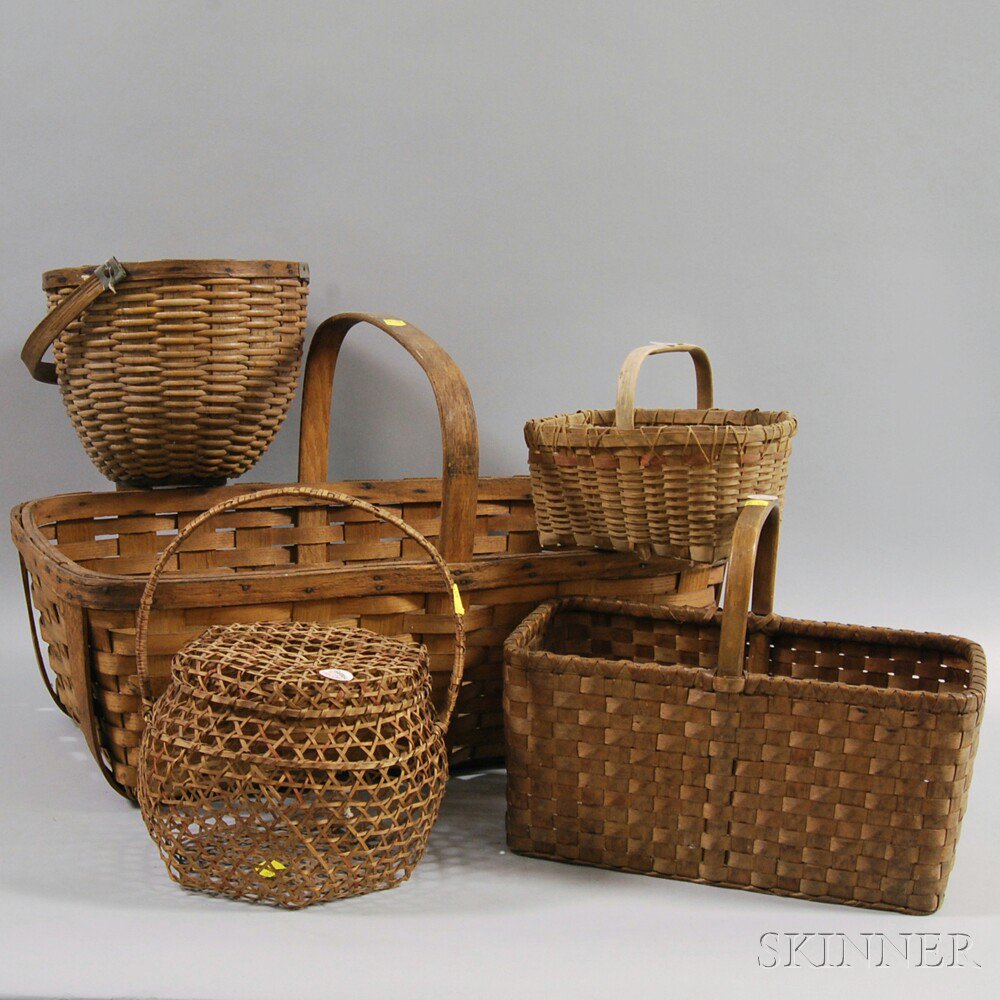 Appraisal: Five Woven Handled Baskets four woven splint baskets one reticulated