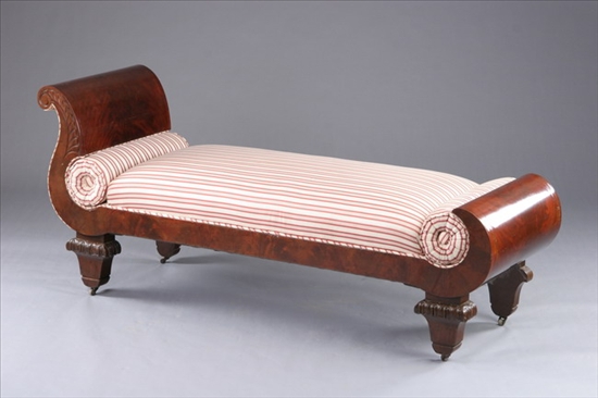 Appraisal: FRENCH DIRECTOIRE MAHOGANY SCROLLED RECAMIER th century Asymetrical Grecian form