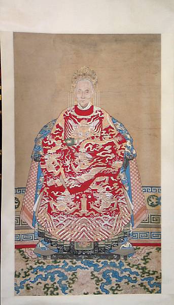 Appraisal: Two Chinese ancestor portrait hanging scrolls Late th Early th