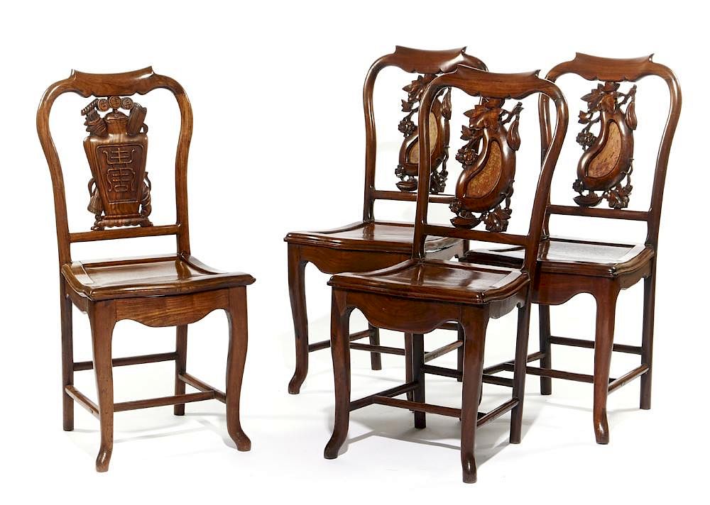 Appraisal: Three plus one Chinese carved rosewood chairs Three Chinese rosewood