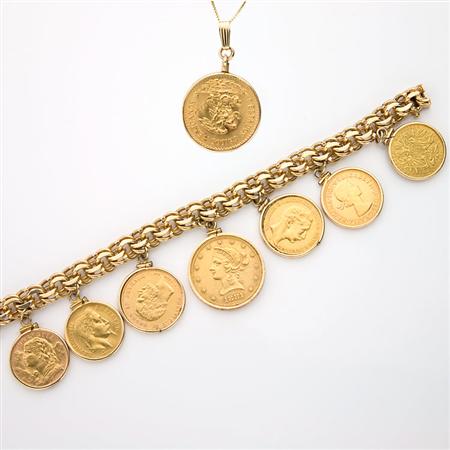 Appraisal: Gold Coin Charm Bracelet and Coin Pendant with Chain Estimate