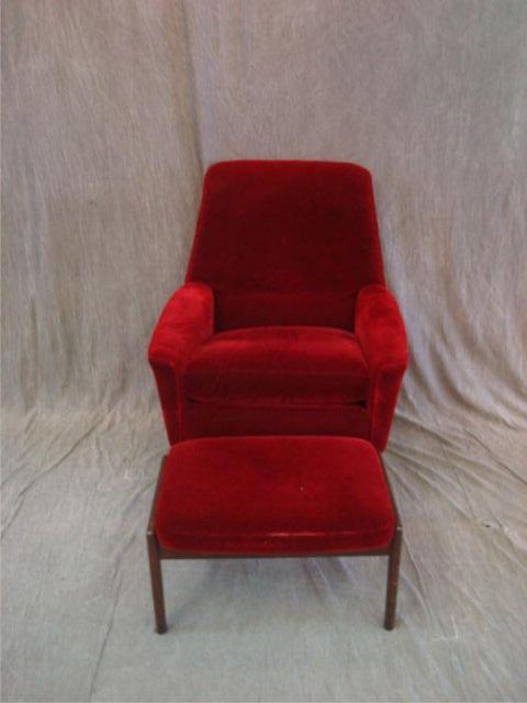 Appraisal: Mohair Midcentury Chair and Ottoman with Red Upholstery Chair swivels