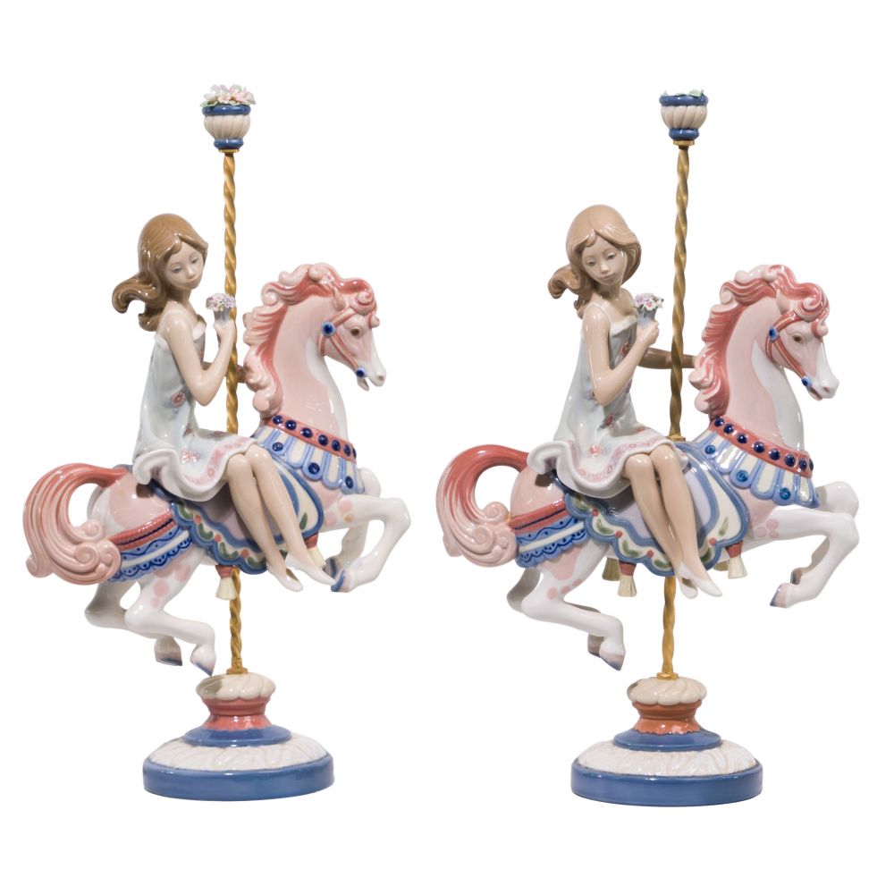 Appraisal: LLADRO GIRL ON CAROUSEL HORSE FIGURINES glazed items retired designed