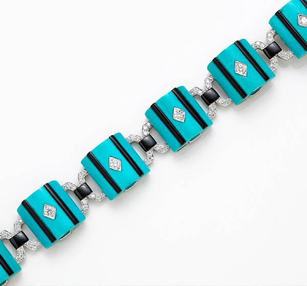 Appraisal: A composite turquoise black onyx and diamond bracelet estimated total