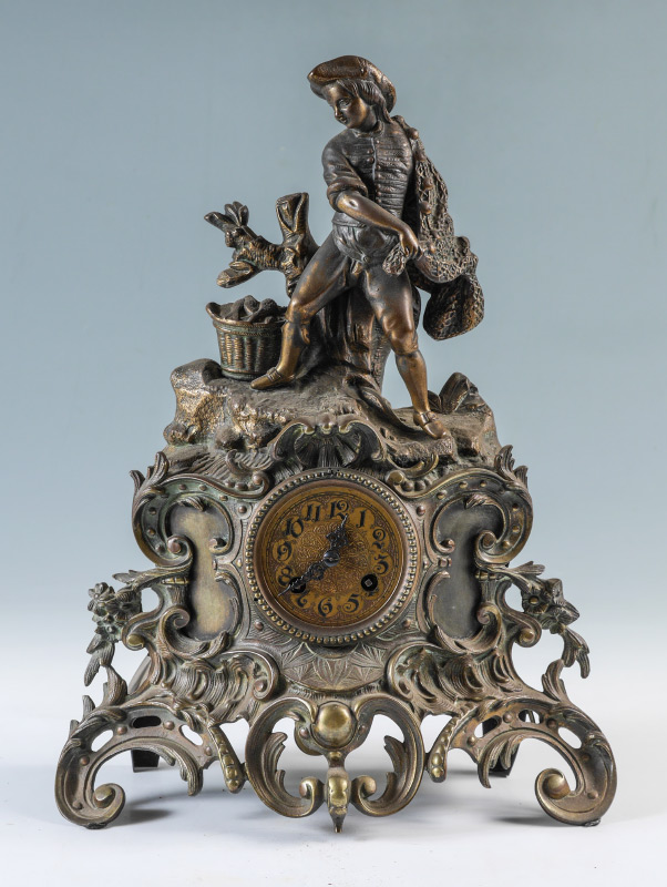 Appraisal: JAPY FRERES FRENCH BRONZED FIGURAL CLOCK Bronzed spelter clock with