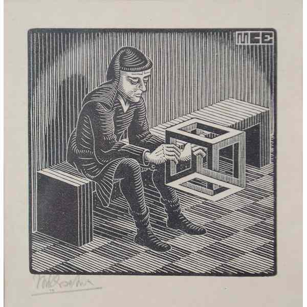 Appraisal: Man with Cuboid Woodcut by M C Escher M C